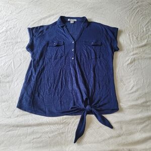 Tommy Bahama Blouse Shirt Womens Medium Linen Navy Blue Waist Tie Vneck Relaxed